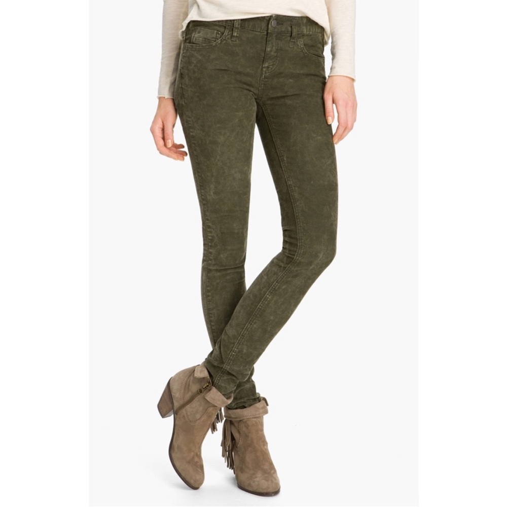 Free People Mineral Wash Olive Green Skinny Corduroy Jeans Pants 28